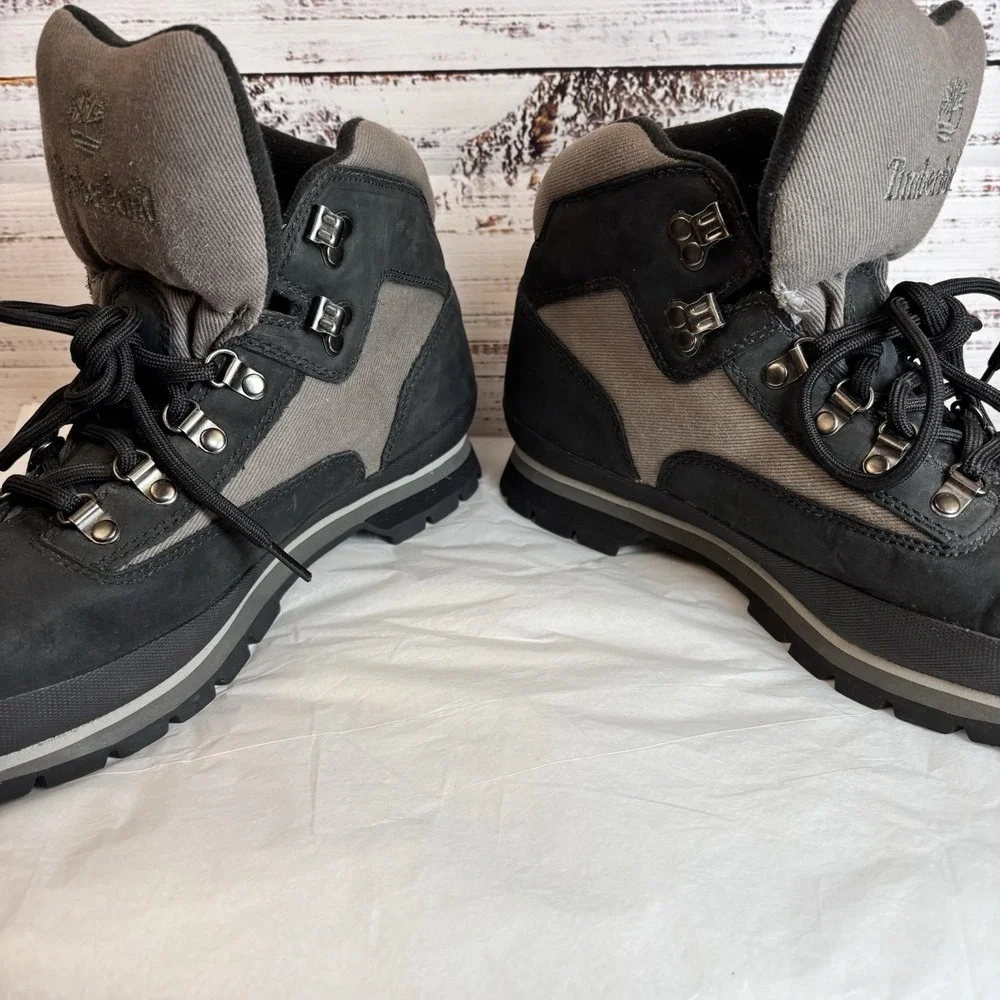 Timberland Boots 12 Euro Hikers Large Logo Embroidered Gray Black Suede 36077